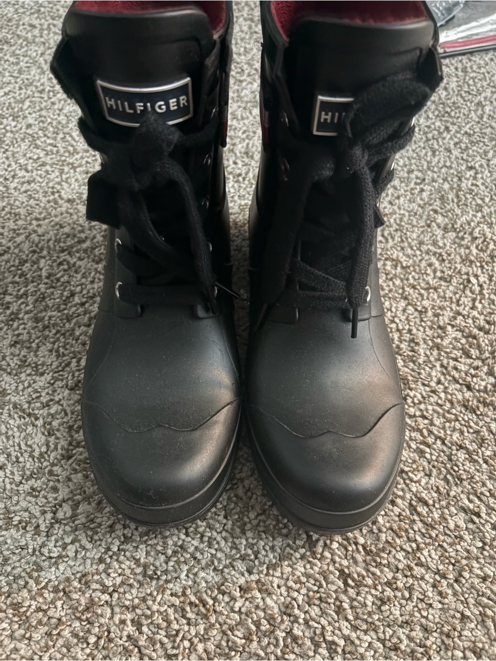 Tommy Hilfiger Black Women’s Rain Boots with Maroon Lining